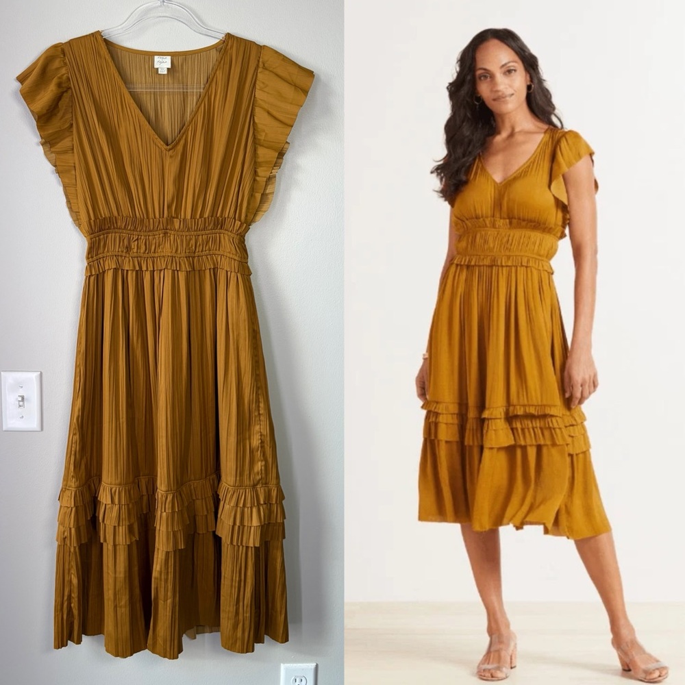 Roan + Ryan Talulah Marigold Crinkle Pleat Ruffle Midi Dress Garden Party